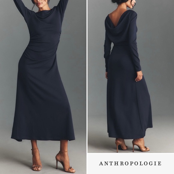 Anthropologie Dresses & Skirts - Anthropologie Long-Sleeve Cowl-Back Maxi Dress Navy Blue Medium NWT